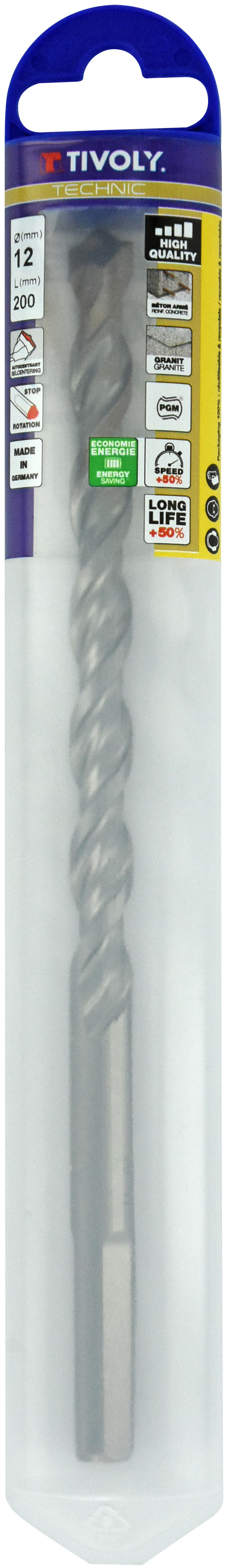 Foret bétons L200mm -Plaquette carbure pointe de centrage -Queue cylindrique 3 méplats / L: 200 Ø: 12 TIVOLY - 10913121200