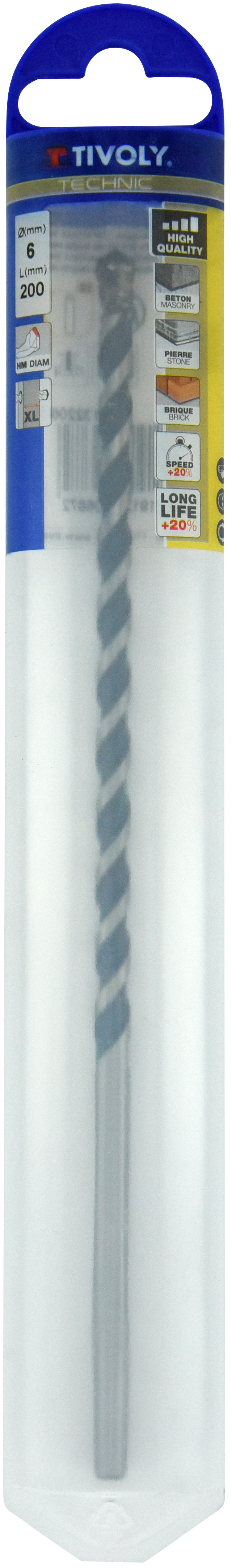 Foret bétons L200mm -Plaquette carbure affûtée diamant -Queue cylindrique / L: 200 Ø: 6 TIVOLY - 10913220600