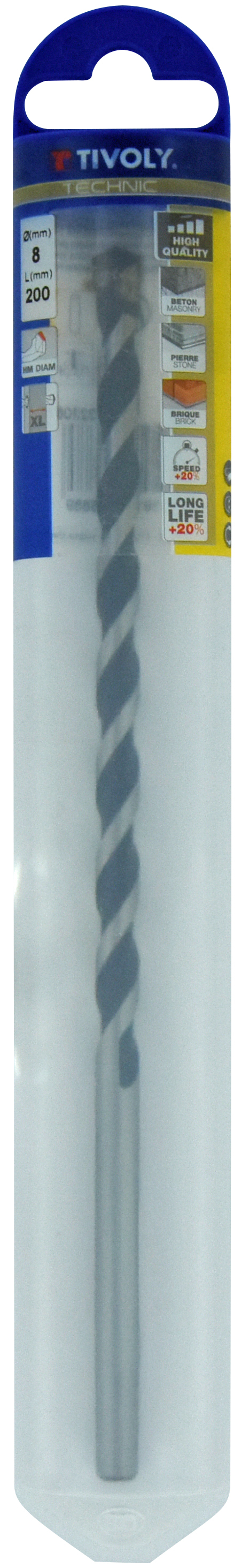 Foret bétons L200mm -Plaquette carbure affûtée diamant -Queue cylindrique / L: 200 Ø: 8 TIVOLY - 10913220800