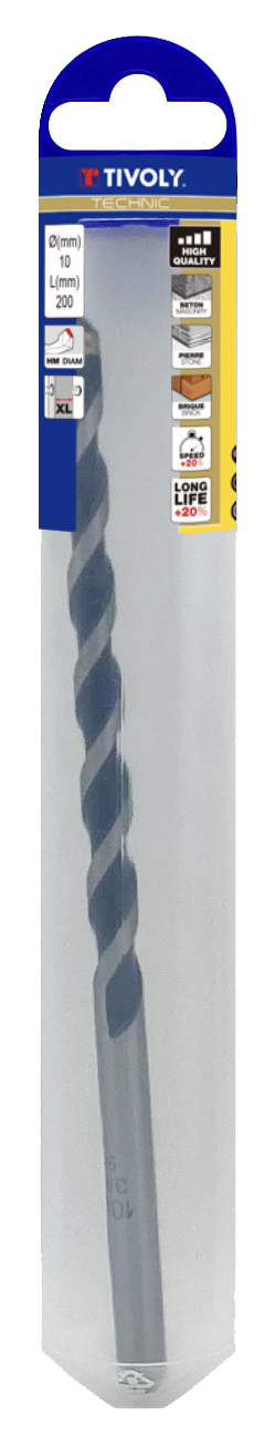 Foret bétons L200mm -Plaquette carbure affûtée diamant -Queue cylindrique / L: 200 Ø: 12 TIVOLY - 10913221200