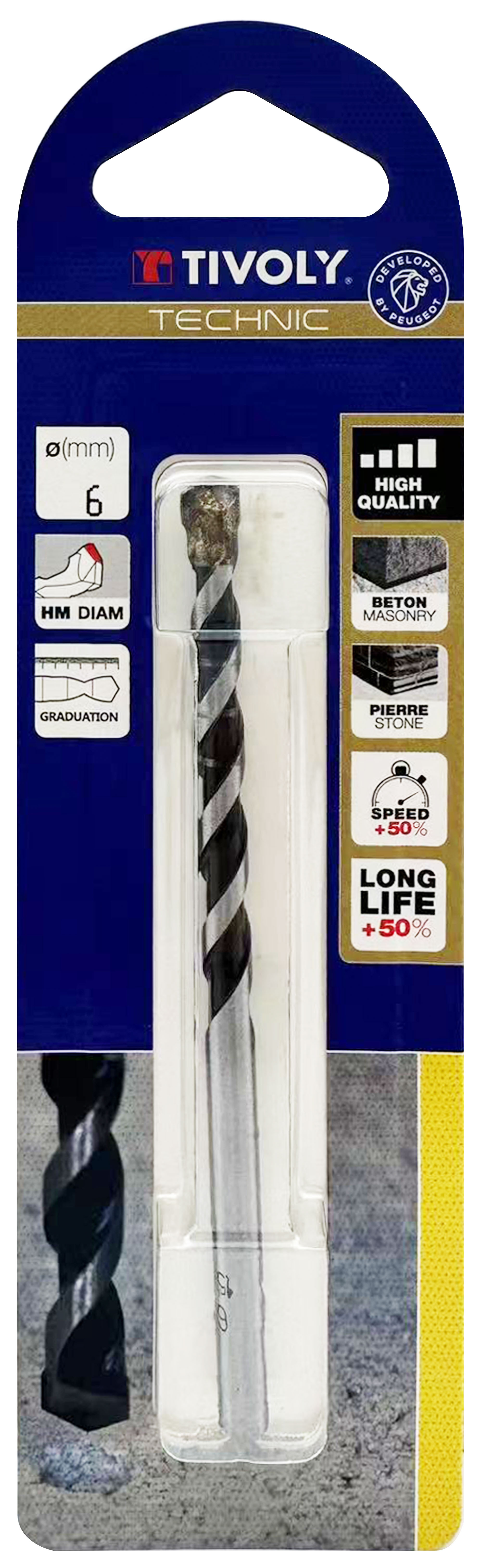 Foret bétons -Plaquette carbure affûtée diamant -Queue cylindrique -Gradué SLR - / L: 100 Ø: 6 TIVOLY - 10960320600