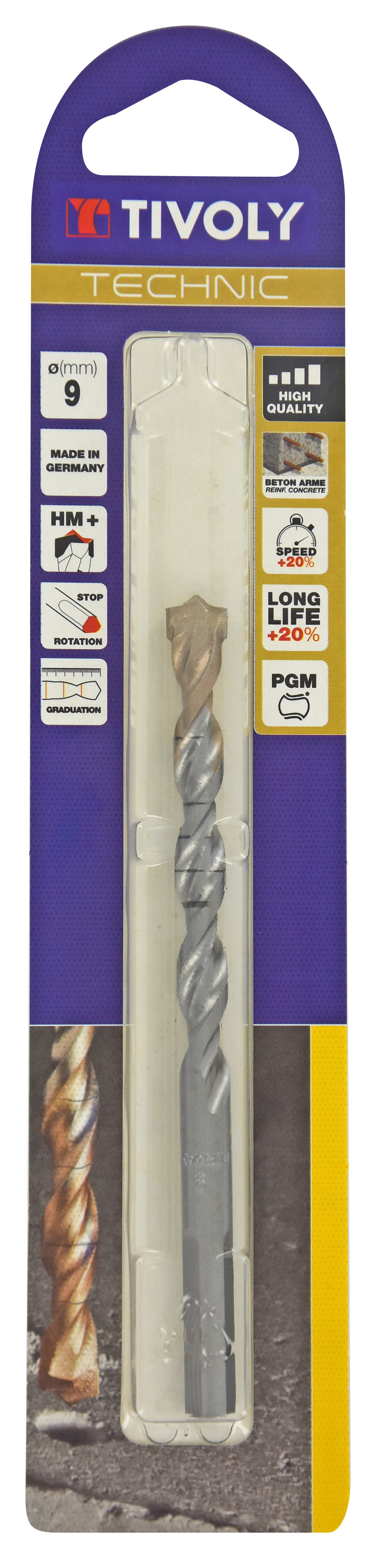 Foret bétons -Plaquette carbure pointe de centrage -Queue cylindrique 3 méplats / L: 120 Ø: 9 TIVOLY - 10960520900