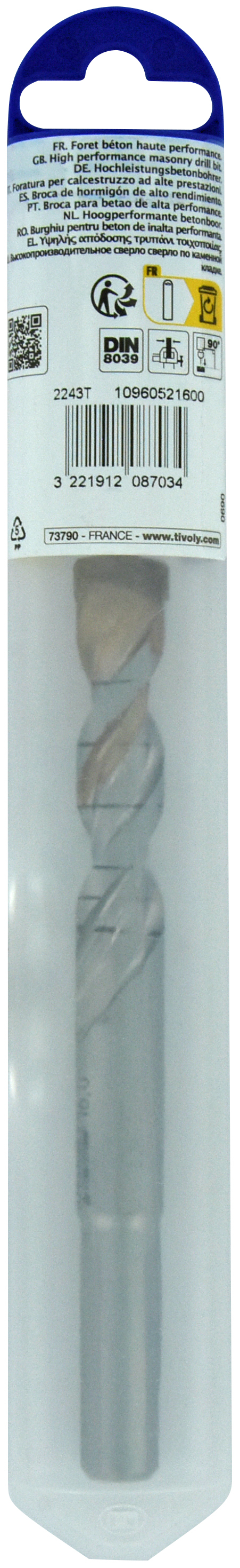 Foret bétons -Plaquette carbure pointe de centrage -Queue cylindrique 3 méplats / L: 160 Ø: 16 TIVOLY - 10960521600