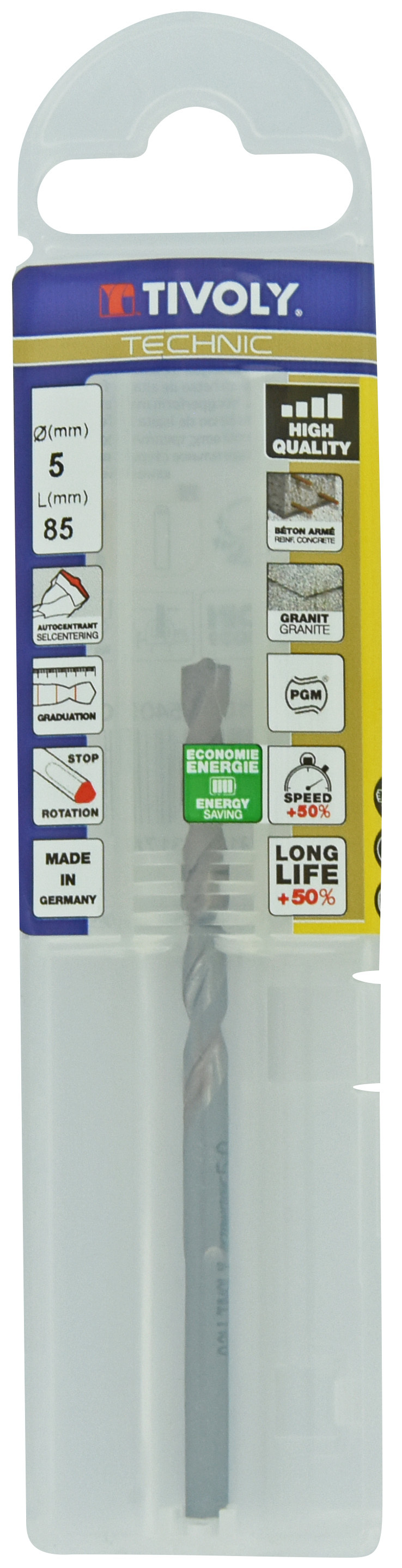 Foret bétons -Plaquette carbure pointe de centrage -Queue cylindrique 3 méplats -Gradué SLR / L: 85 Ø: 5 TIVOLY - 10960540500
