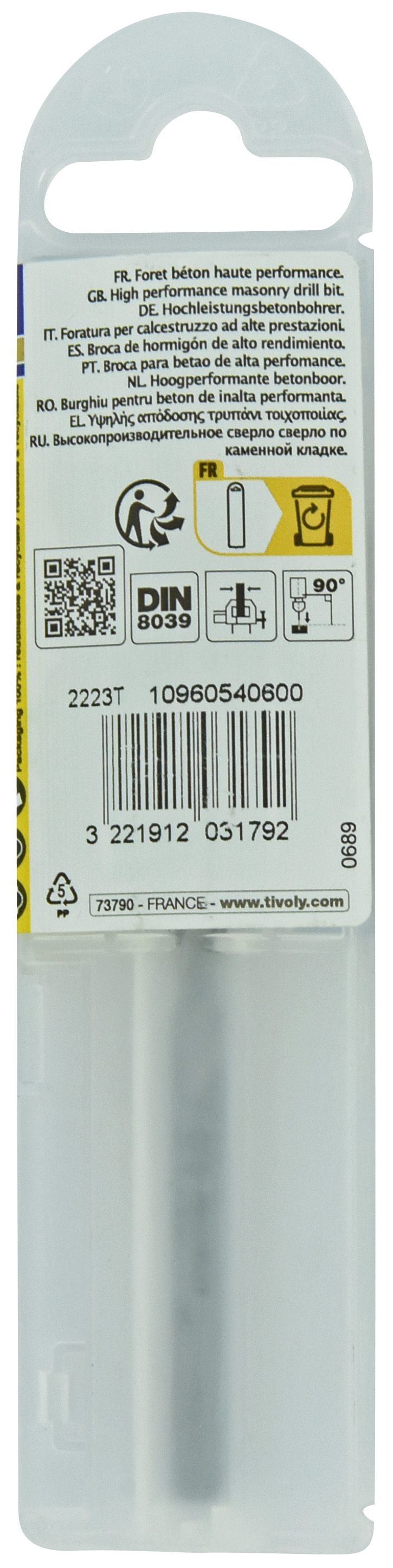 Foret bétons -Plaquette carbure pointe de centrage -Queue cylindrique 3 méplats -Gradué SLR / L: 100 Ø: 6 TIVOLY - 10960540600