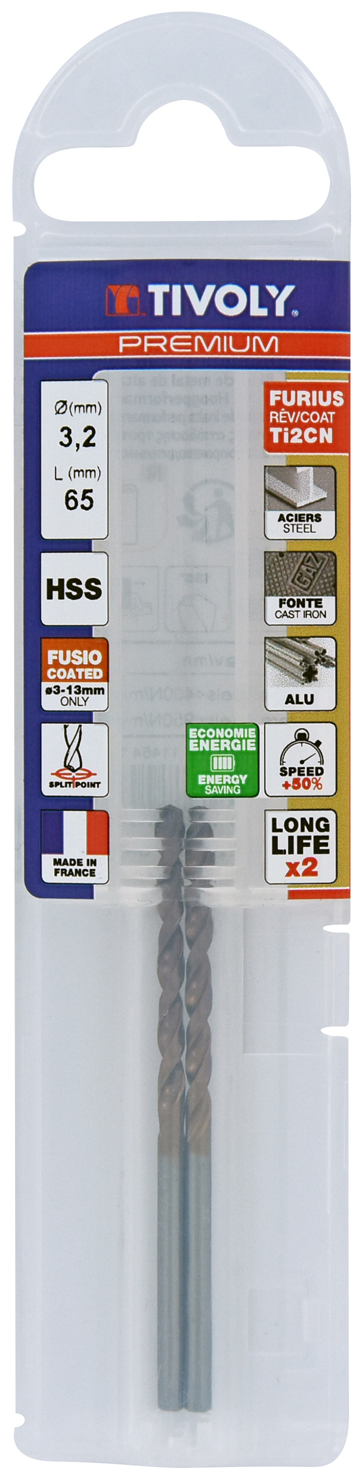 Foret métaux FURIUS taillé meulé HSS -Revêtu FUSIO -DIN338 -h8 -Pointe en croix Ø: 3.2 L: 65 TIVOLY - 11454140320