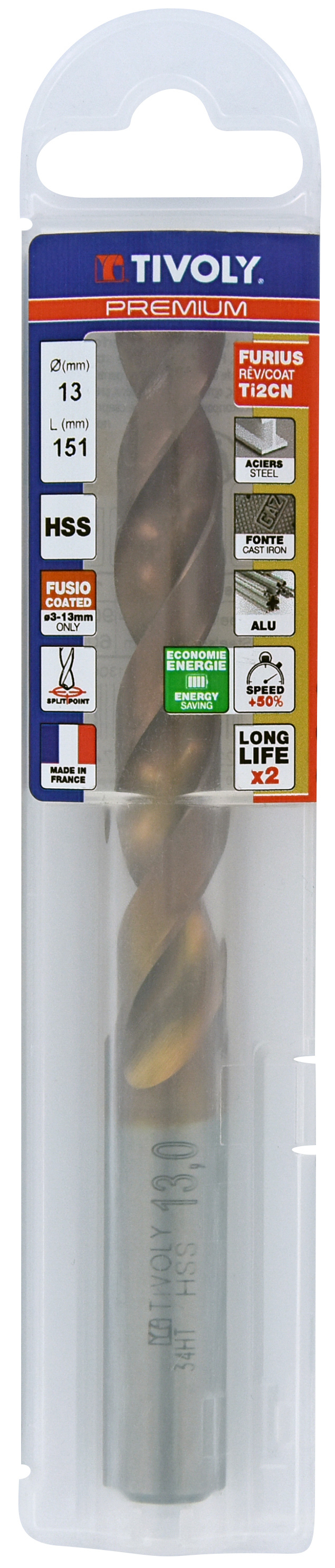 Foret métaux FURIUS taillé meulé HSS -Revêtu FUSIO -DIN338 -h8 -Pointe en croix Ø: 13 L: 151 TIVOLY - 11454141300