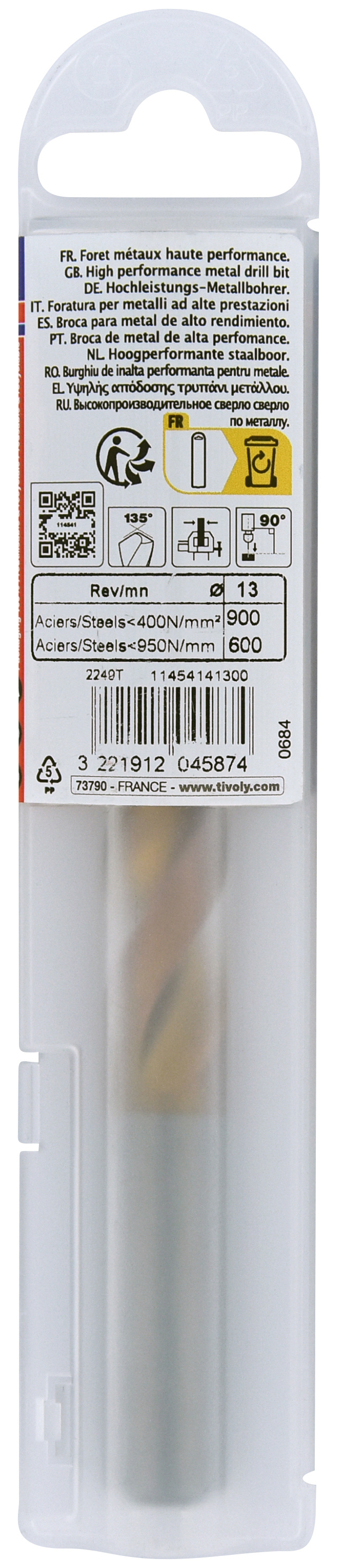 Foret métaux FURIUS taillé meulé HSS -Revêtu FUSIO -DIN338 -h8 -Pointe en croix Ø: 13 L: 151 TIVOLY - 11454141300