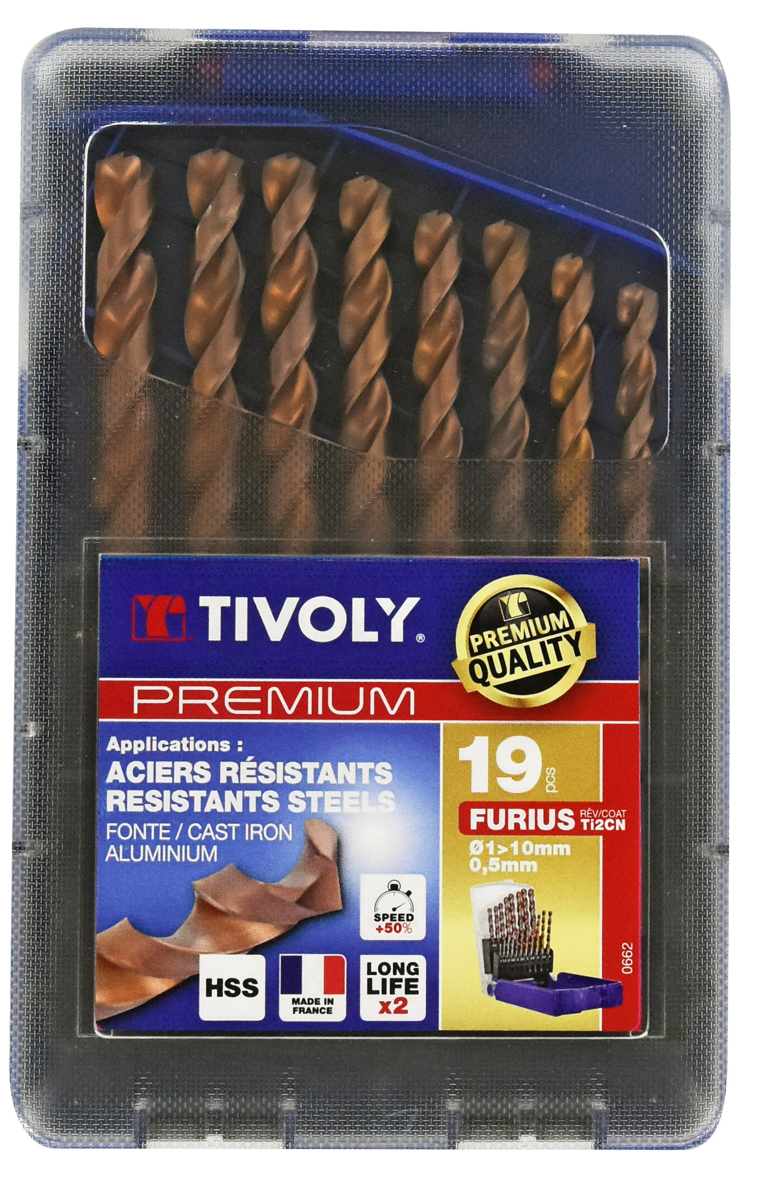 19 forets métaux FURIUS HSS revêtus FUSIO pointe en croix Ø 1 à 10mm par 1/2 PREMIUM TIVOLY - 11454170015