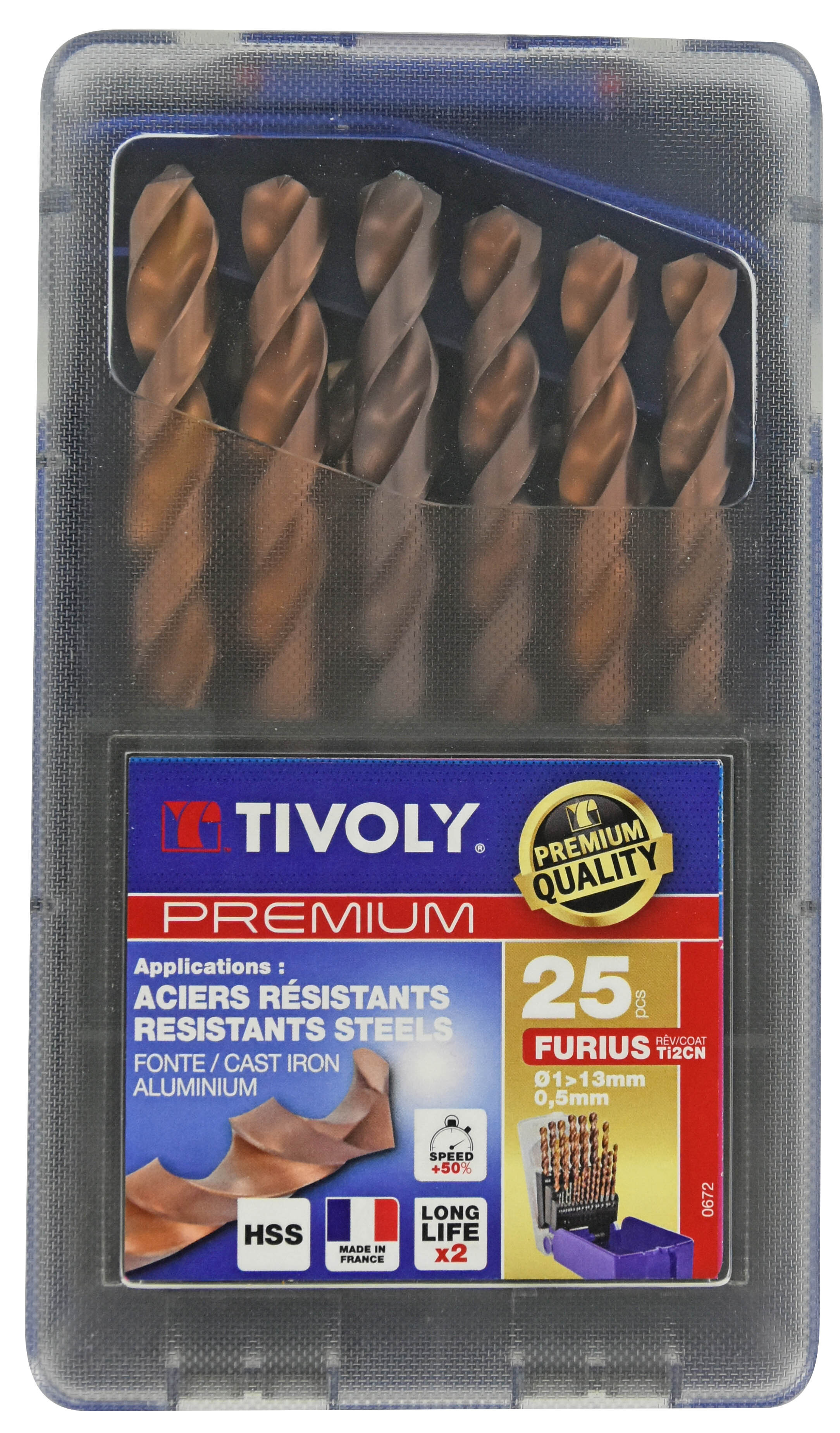 25 forets métaux FURIUS HSS revêtus FUSIO pointe en croix Ø 1 à 13mm par 1/2 PREMIUM TIVOLY - 11454170017