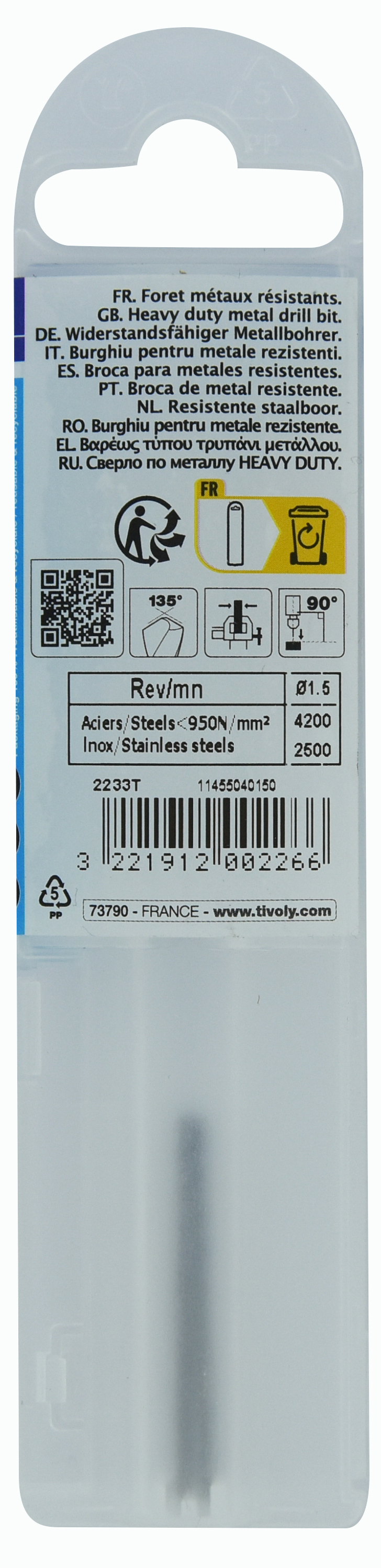 Foret métaux HSS-E5 -Revêtu GOLD -DIN338 -h8 -Pointe en croix Ø: 1.5 L: 40 TIVOLY - 11455040150