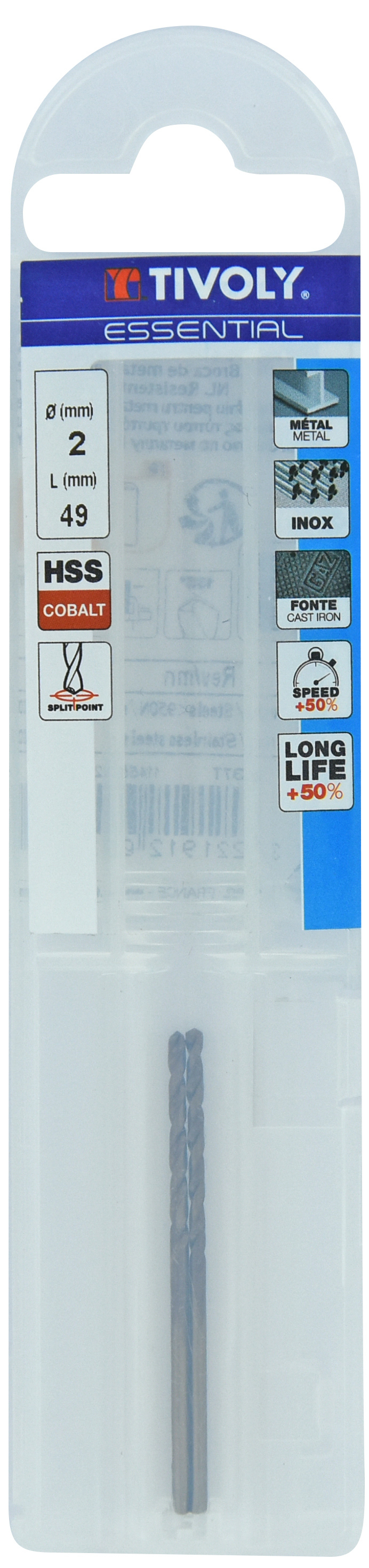 Foret métaux HSS-E5 -Revêtu GOLD -DIN338 -h8 -Pointe en croix Ø: 2 L: 49 TIVOLY - 11455040200
