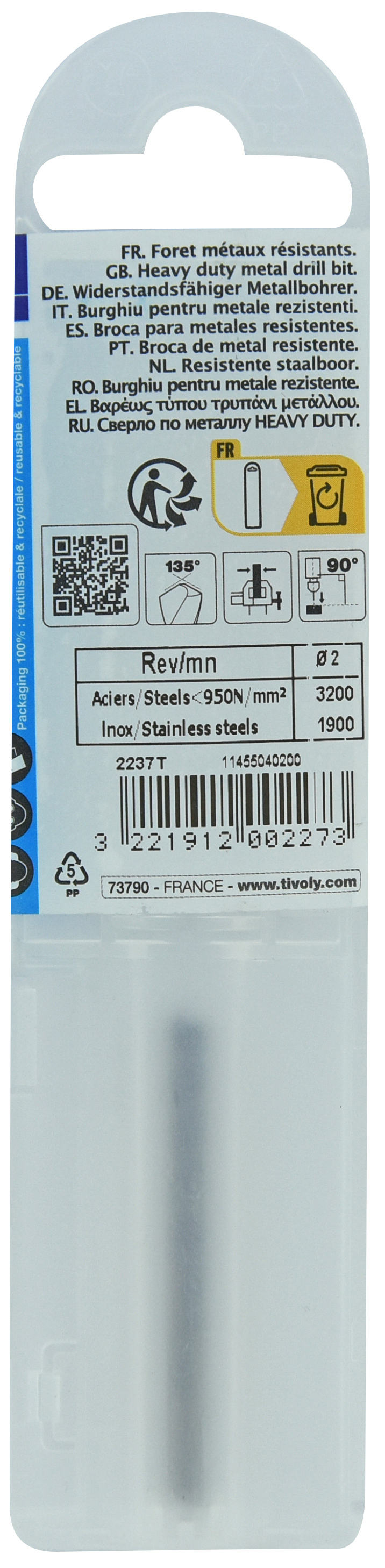 Foret métaux HSS-E5 -Revêtu GOLD -DIN338 -h8 -Pointe en croix Ø: 2 L: 49 TIVOLY - 11455040200