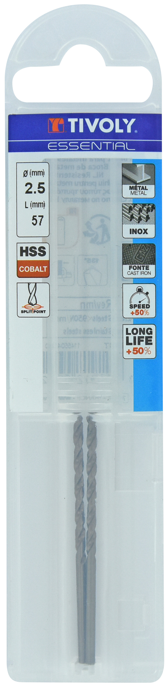Foret métaux HSS-E5 -Revêtu GOLD -DIN338 -h8 -Pointe en croix Ø: 2.5 L: 57 TIVOLY - 11455040250