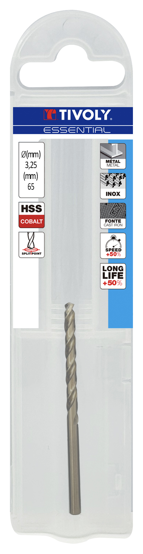Foret métaux HSS-E5 -Revêtu GOLD -DIN338 -h8 -Pointe en croix Ø: 3.25 L: 65 TIVOLY - 11455040325