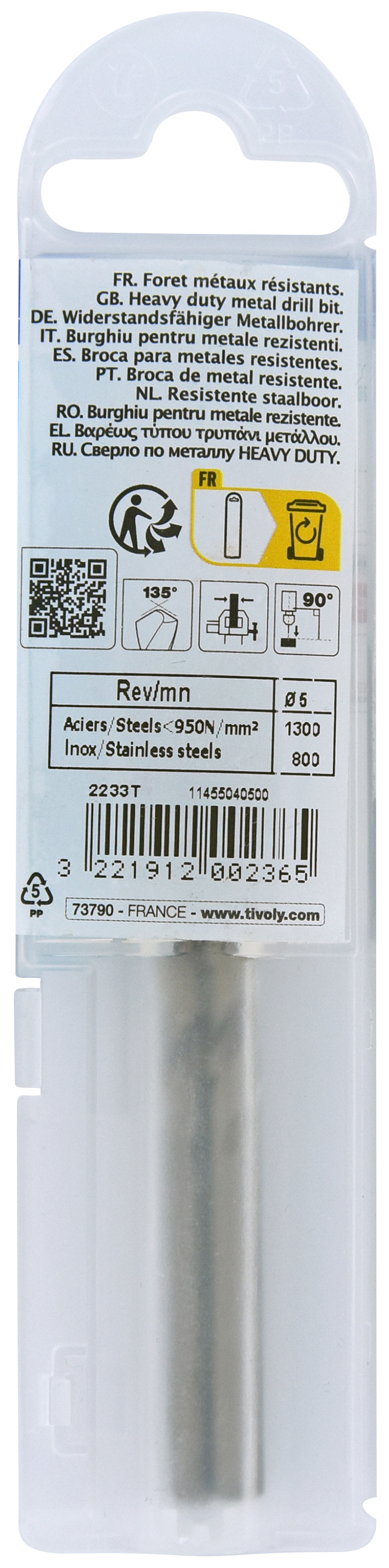 Foret métaux HSS-E5 -Revêtu GOLD -DIN338 -h8 -Pointe en croix Ø: 5 L: 86 TIVOLY - 11455040500