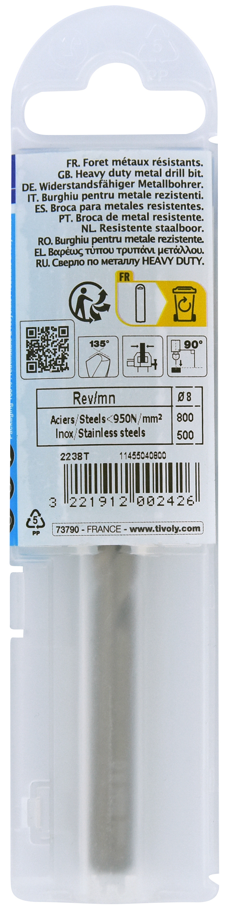 Foret métaux HSS-E5 -Revêtu GOLD -DIN338 -h8 -Pointe en croix Ø: 8 L: 117 TIVOLY - 11455040800