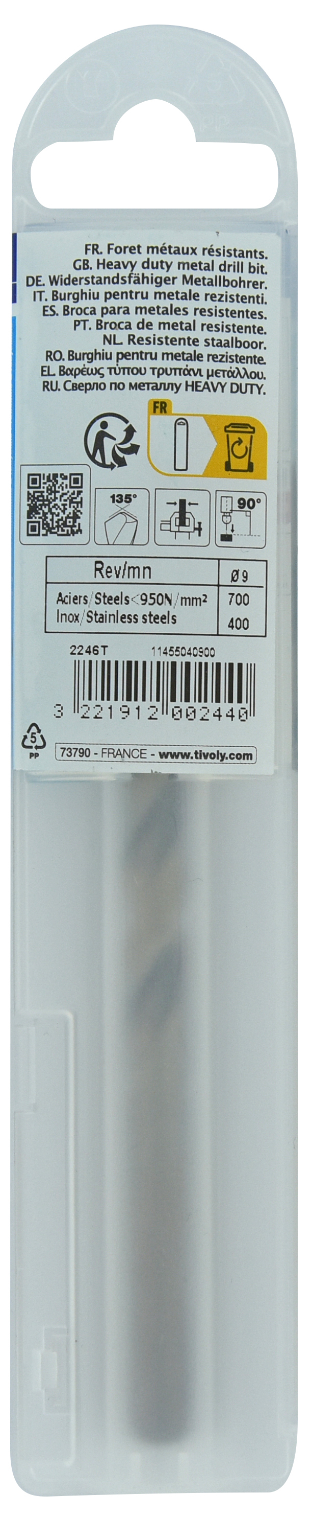 Foret métaux HSS-E5 -Revêtu GOLD -DIN338 -h8 -Pointe en croix Ø: 9 L: 125 TIVOLY - 11455040900