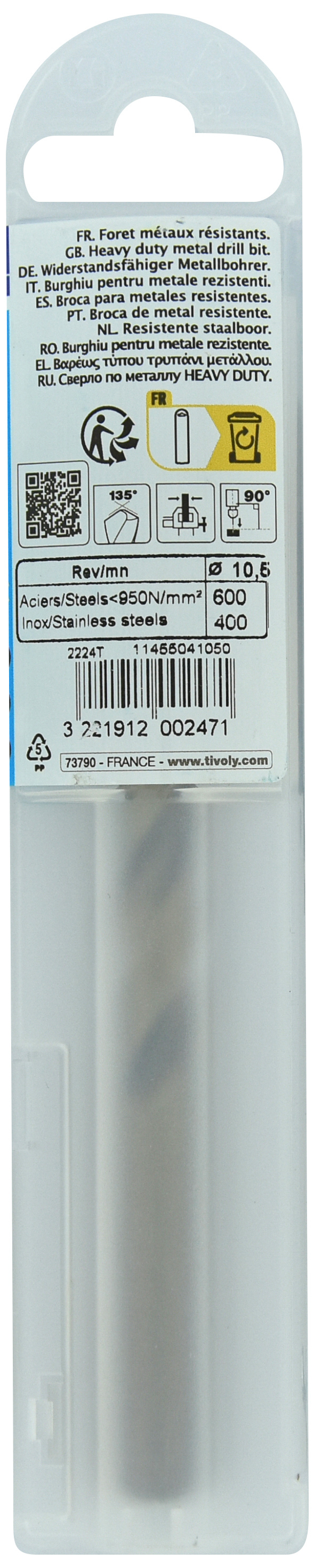 Foret métaux HSS-E5 -Revêtu GOLD -DIN338 -h8 -Pointe en croix Ø: 10.5 L: 133 TIVOLY - 11455041050