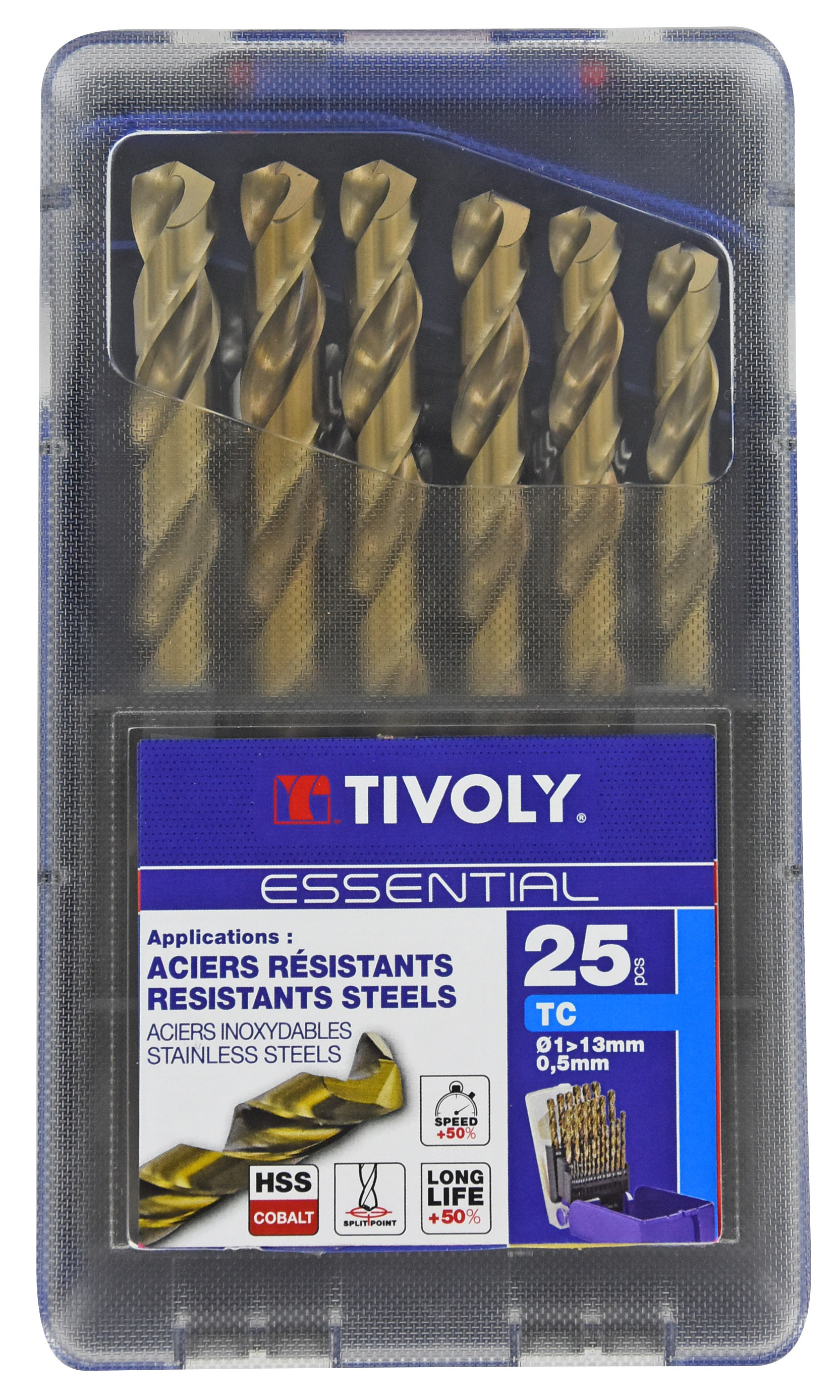 25 forets métaux HSS-E5 (Cobalt 5%) pointe en croix Ø 1 à 13mm par 1/2 TIVOLY - 11455070017