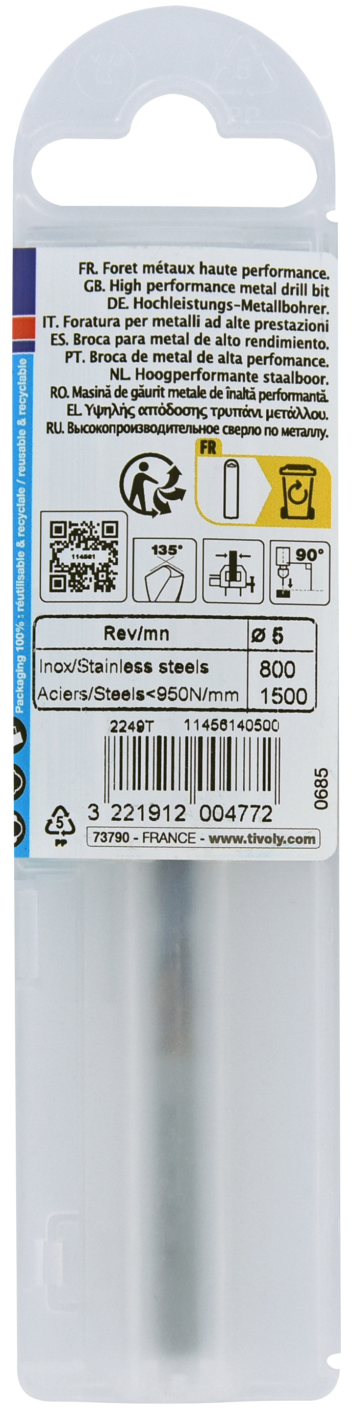 Foret métaux HSS-E5 TBX -Revêtu BLADE -DIN338 -h8 -Affûtage 4 faces Ø: 5 L: 86 TIVOLY - 11456140500