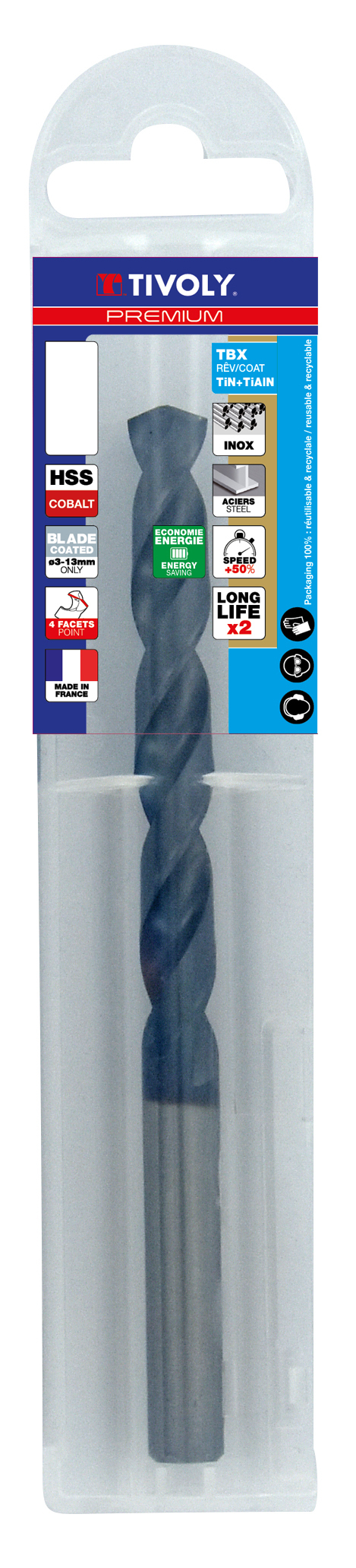 Foret métaux HSS-E5 TBX -Revêtu BLADE -DIN338 -h8 -Affûtage 4 faces Ø: 9.5 L: 125 TIVOLY - 11456140950