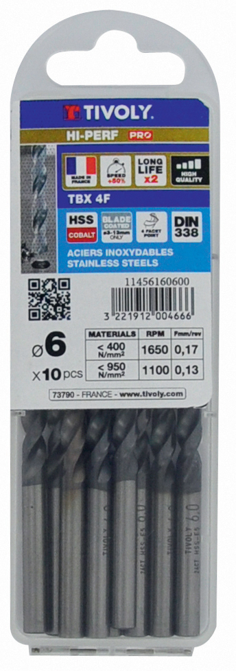 Foret métaux HSS-E5 TBX -Revêtu BLADE -DIN338 -h8 -Affûtage 4 faces Ø: 4 L: 75 TIVOLY - 11456160400