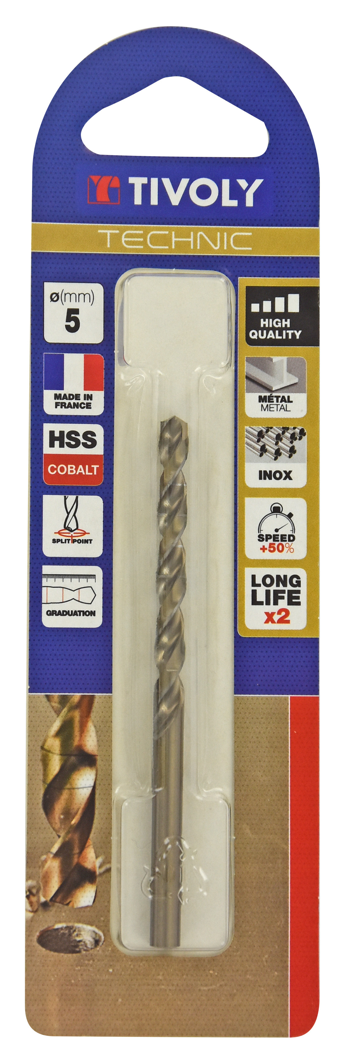 Foret métaux HSS-E5 cobalt -Revêtu GOLD -DIN338 -h8 -Pointe en croix -Gradué SLR Ø: 5 L: 86 TIVOLY - 11468520500