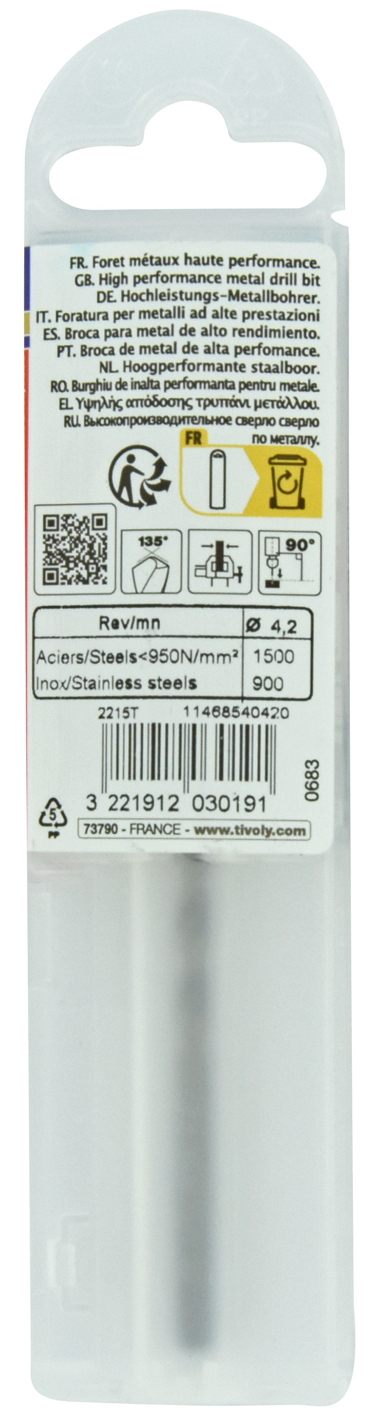 Foret métaux HSS-E5 -Revêtu GOLD -DIN338 -h8 -Pointe en croix -Gradué SLR Ø: 4.2 L: 75 TIVOLY - 11468540420