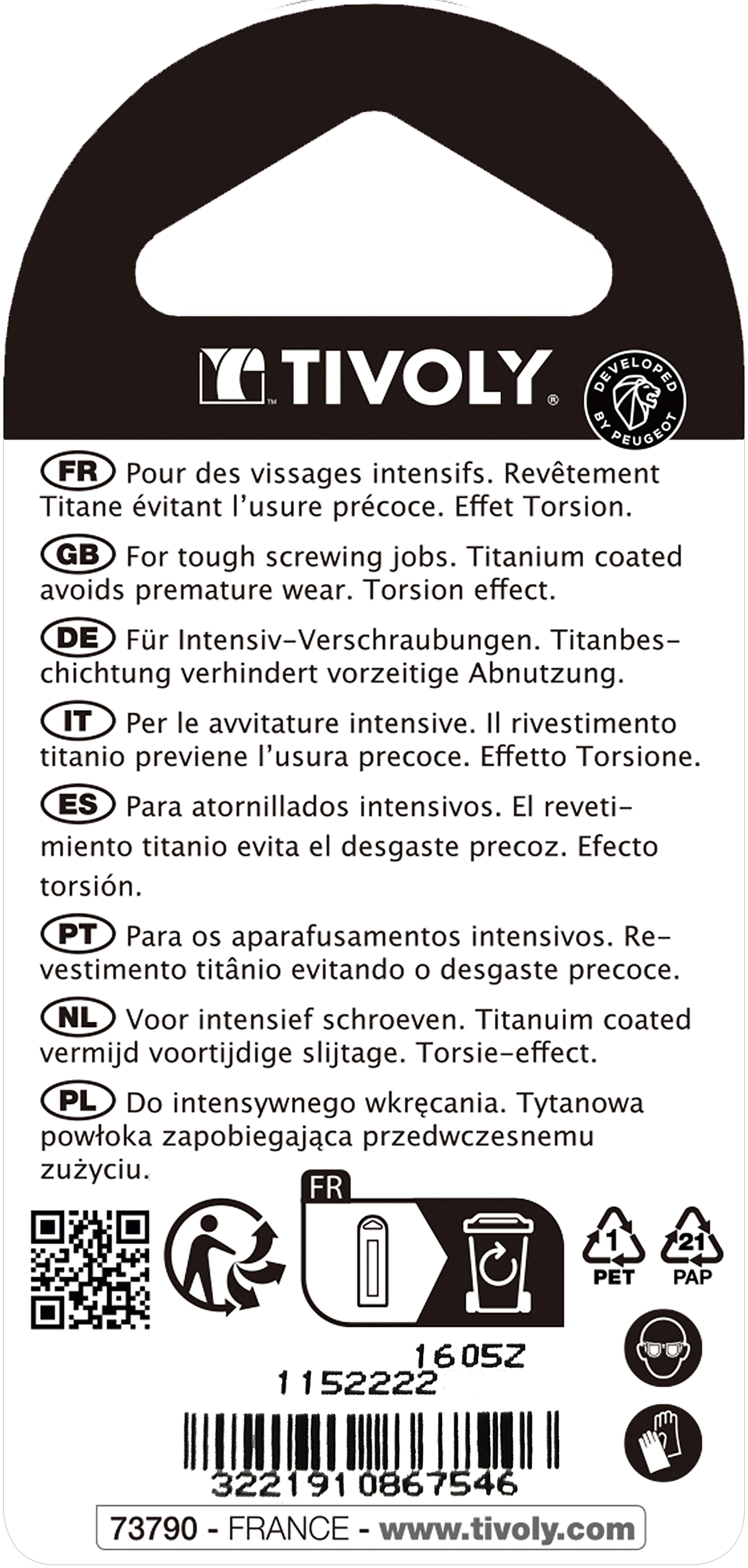 Embout de vissage -Torsion TiN -Pour vis Pozidriv (Blister) N°: N1 / L: 25 TIVOLY - 11522220100