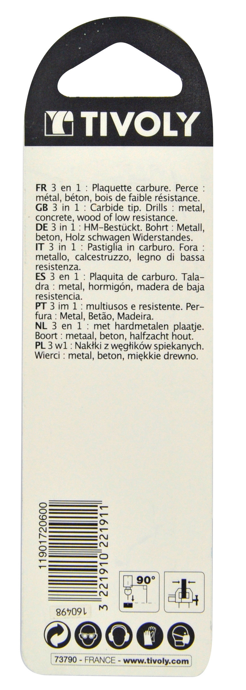 Foret 3en1 métaux bétons bois -Plaquette carbure affûtée -queue cylindrique / L: 60 Ø: 3 TIVOLY - 11901720300