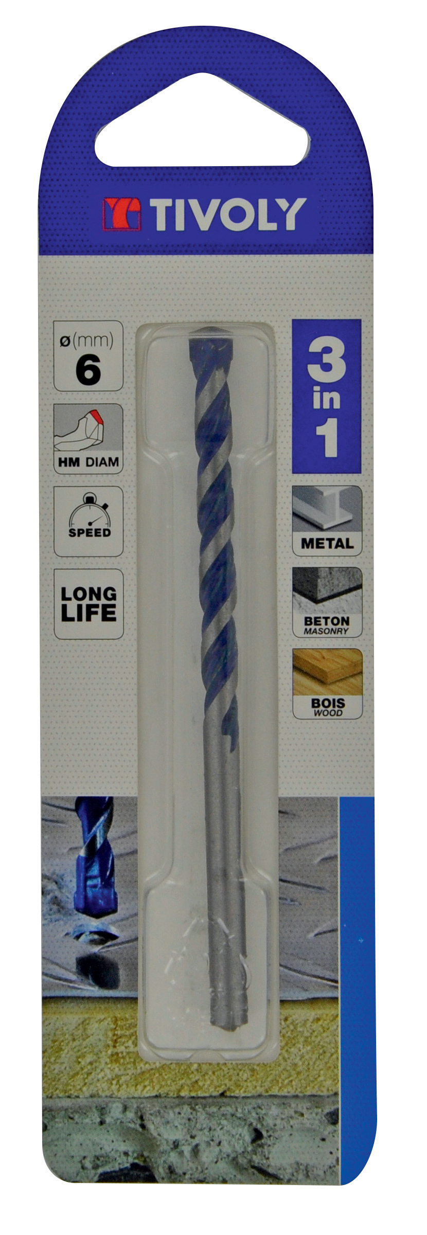 Foret 3en1 métaux bétons bois -Plaquette carbure affûtée -queue cylindrique / L: 100 Ø: 6 TIVOLY - 11901720600