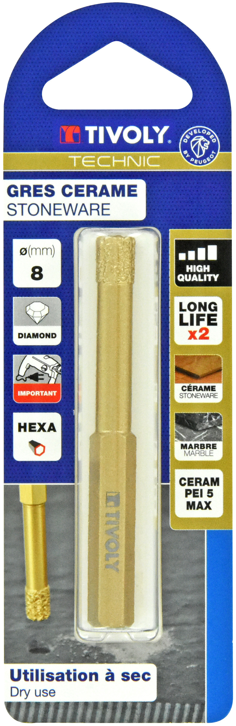 Foret diamant à sec -Queue hexagonale (Blister) / L: 80 Ø: 8 TIVOLY - 12000920800