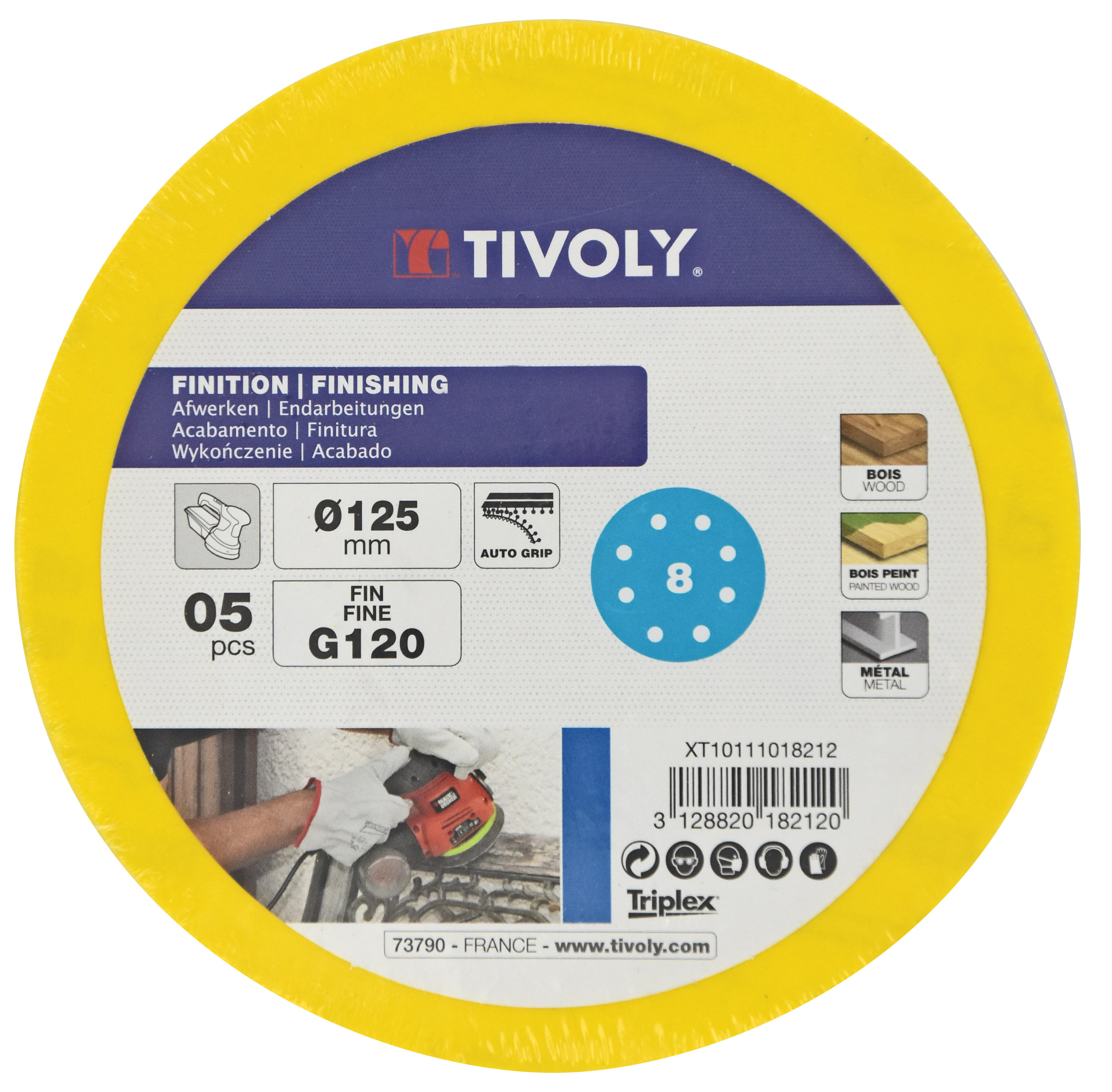 Disque-AUTO AGRIPPANT -Ø125mm -Perforation 8 trous -Pour ponceuse excentrique / Dim Ø125 / Gr : 40 TIVOLY - XT10111018214