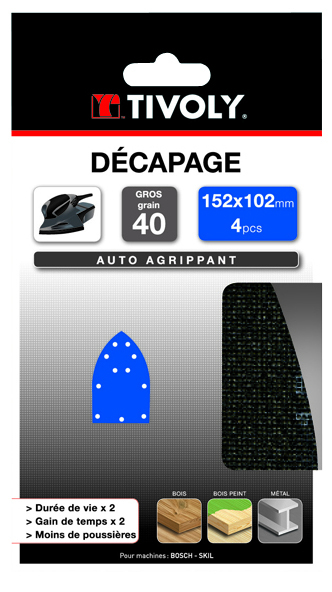 Patin MAILLE -AUTO-AGRIPPANT -152x102mm -Pour ponceuse multi / Dim 152x102 / Gr : 40/80/120 TIVOLY - XT10122019024