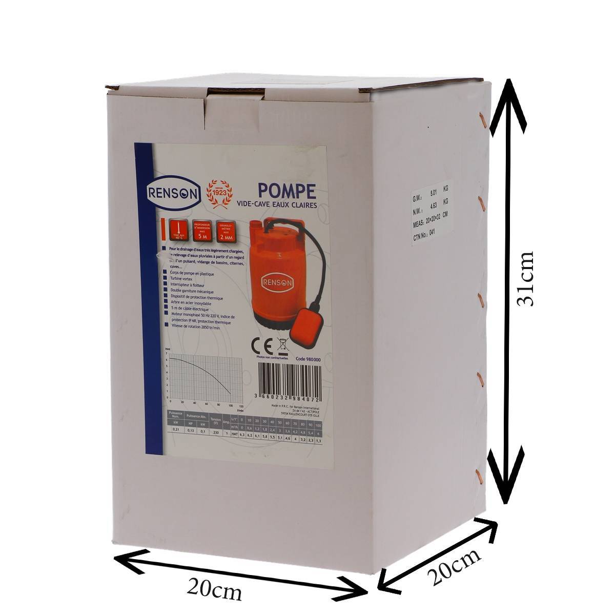 POMPE DE RELEVAGE 230V 0,25KW PLASTIQUE EAUX CLAIRES RENSON - 980000