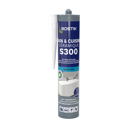 Mastic silicone S300 Bain et Cuisine céramique translucide - 300 ml - Lot de 12 - BOSTIK - 30622793