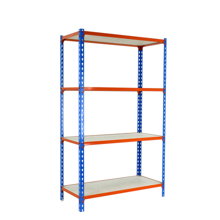 Rayonnage bois-métal léger sans vis 1500x1200x500 - 4 niveaux Bleu/Orange/Bois - SIMON RACK - 8425437077425