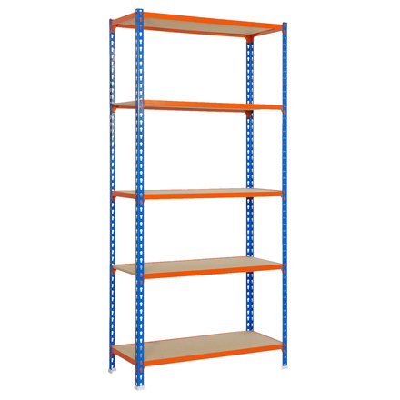 Rayonnage bois-métal léger sans vis 1800x800x300 - 5 niveaux Bleu/Orange/Bois - SIMON RACK - 8435104937259