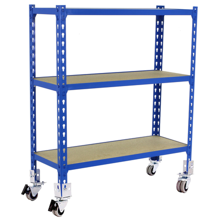 Rayonnage mobile bois-métal léger sans vis 975x1100x300 - 3 niveaux Bleu/Bois - SIMON RACK - 8435104954317