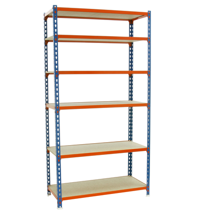 Rayonnage bois-métal léger sans vis 2500x900x500 - 6 niveaux Bleu/Orange/Bois - SIMON RACK - 8435104955529