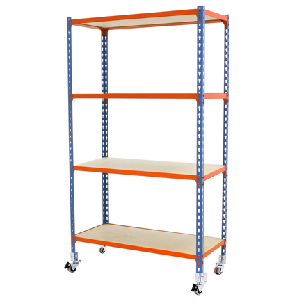 Rayonnage mobile bois-métal léger sans vis 1575x1100x400 - 4 niveaux Bleu/Orange - SIMON RACK - 8435104963623