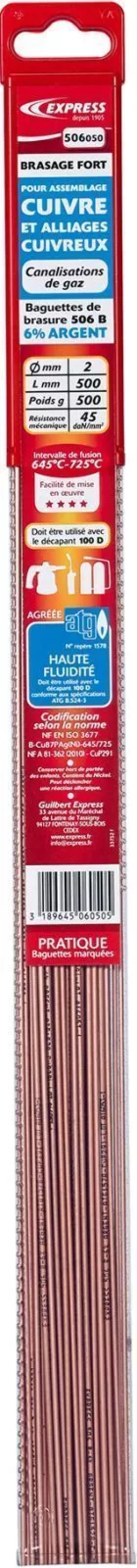 Baguettes de brasure Cuivre Ph 6% Argent agrée ATG (Gdf) EXPRESS - 506050