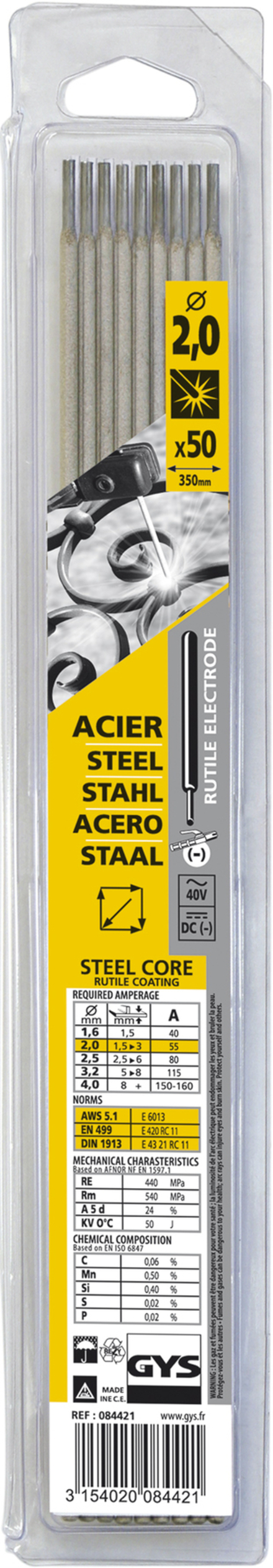 Blister de 50 Électrodes rutiles E6013 Ø 2,0 GYS - 084421