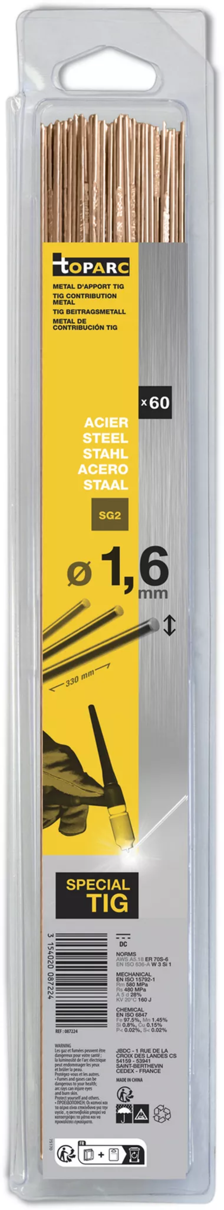 Blister de 60 baguettes TIG acier SG2 330mm Ø 1,6 GYS - 087224