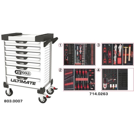 Servante ULTIMATE blanche 7 tiroirs équipée de 263 outils KS TOOLS - 803.7263