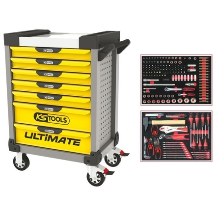 Servante ULTIMATE jaune et grise 7 tiroirs équipée de 184 outils KS TOOLS - 814.7184