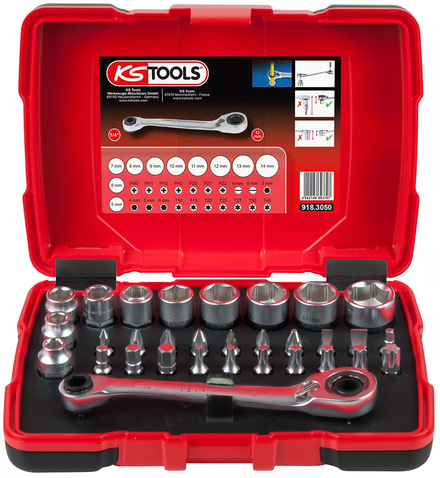 Coffret de douilles traversantes de 5 à 14mm et embouts de vissage 1/4, 32pcs KS TOOLS - 918.3050