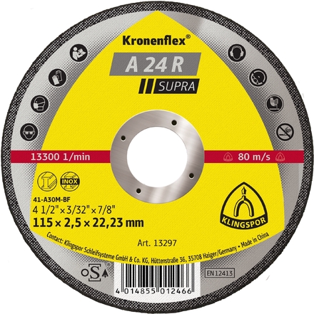 25 Disques à tronçonner KT SUPRA A24R S GER 115X2,5X22,23 KLINGSPOR - 13297