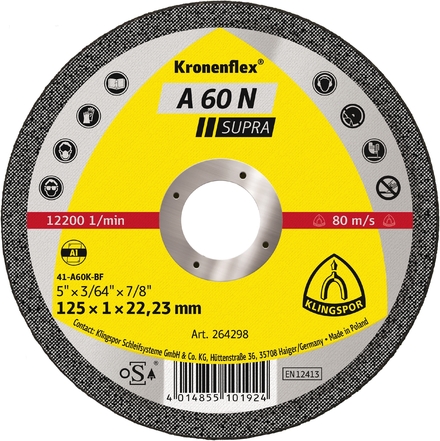 25 Disques à tronçonner KT SUPRA A60N S GER 125X1X22,23 KLINGSPOR - 264298